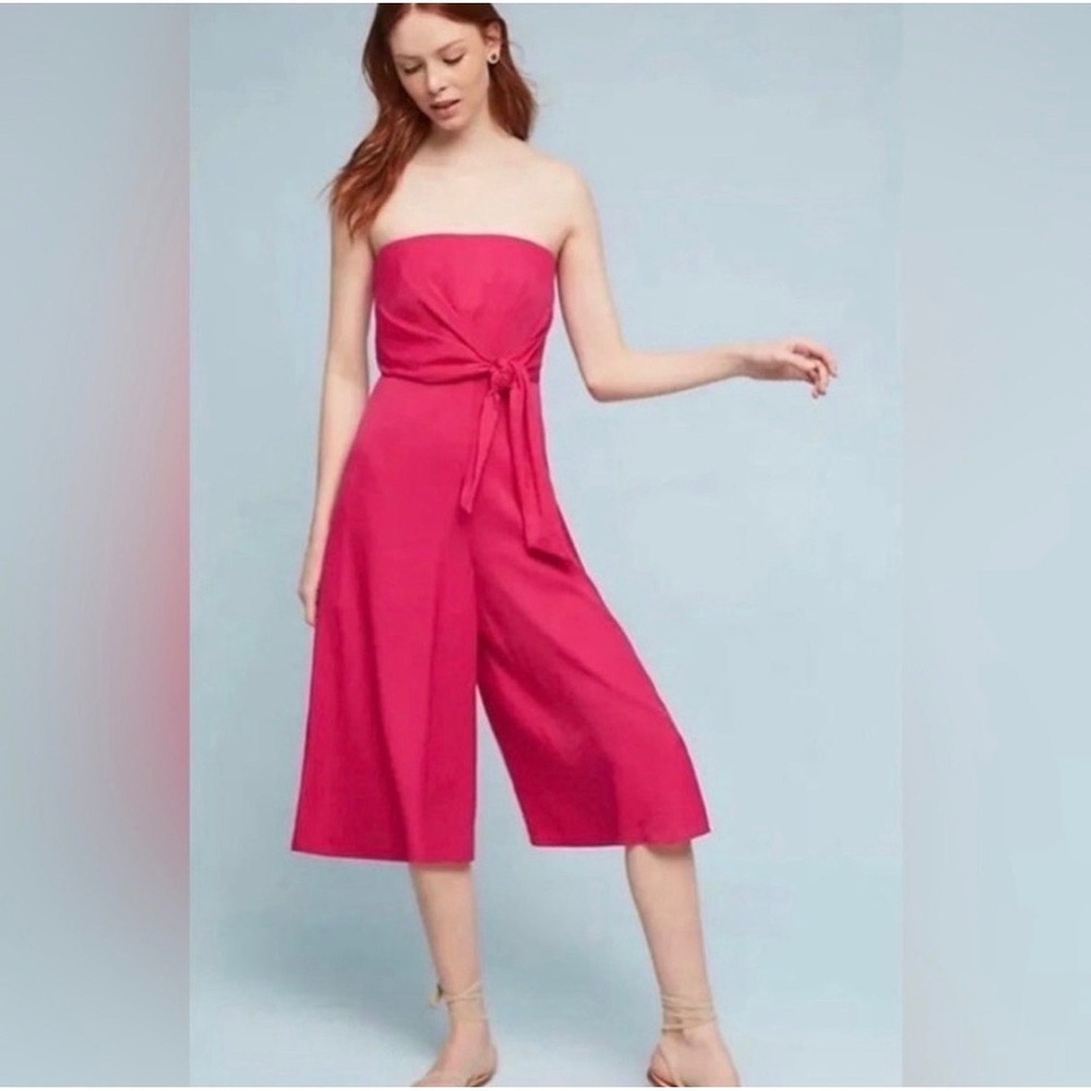 Anthropologie Maeve Brin Strapless Jumpsuit Rose Pink Wide Leg Cropped Sz 0